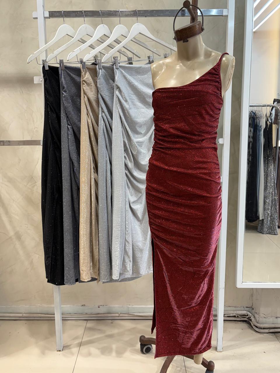 MaxiVestido Lucila un hombro fruncido (Glitter)